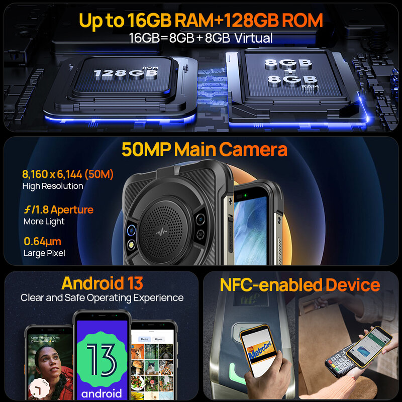 Ulefone-Power Armor 16S ,NFC, 16GB RAM, 128GB ROM, Câmera 50MP, 9600mAh, Altifalante 122dB, Versão Global, Andróide, Versão Global, Novo, 2024