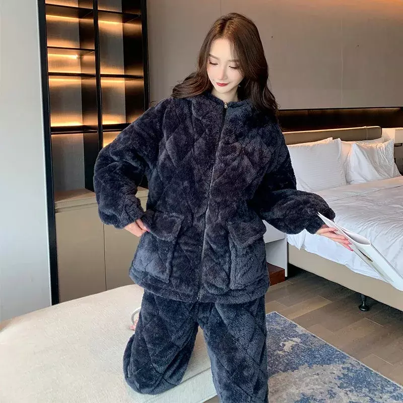 Conjunto de pijama espessado de três camadas masculino, Homewear com capuz, loungewear de preservação calorosa, outono e inverno, novo, 2024