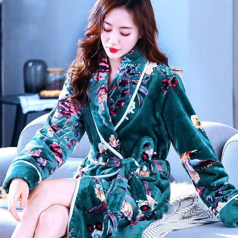 Winter Warm Women Robes Coral Fleece Sleepwear Female Kimono Print Floral Nightdress Dressing Gown Lounge Wear Hotel Bathrobe