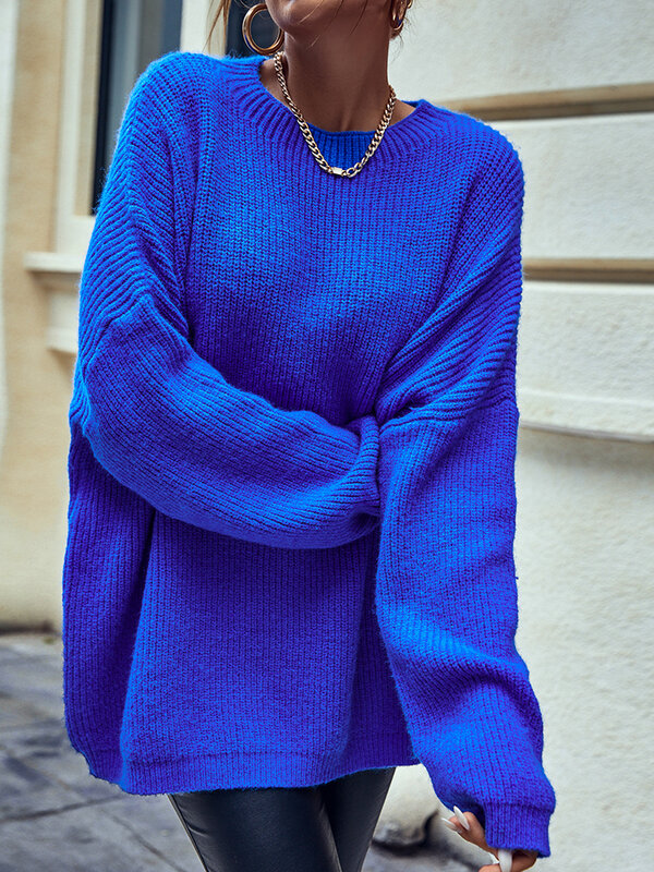 Однотонный ярко-синий женский пуловер с длинными рукавами и круглым вырезом