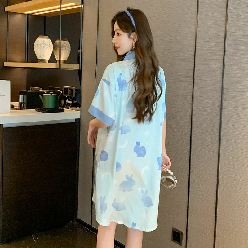 2024 New Ice Silk Nightdress Women Thin Sleep Shirt Dress High Sense Idle Style Mid-Length Nightclothes Female Casual Homewear
