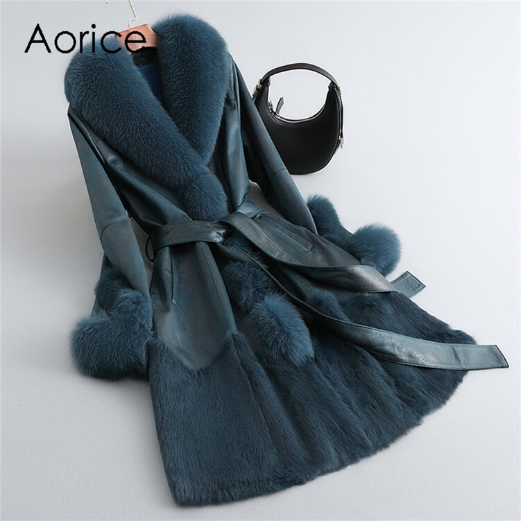 Aorice Winter Long Rabbit Fur Linging Coat Jacket Female Fox Fur Collar Coats Lady Over Size Parka Trench CT282