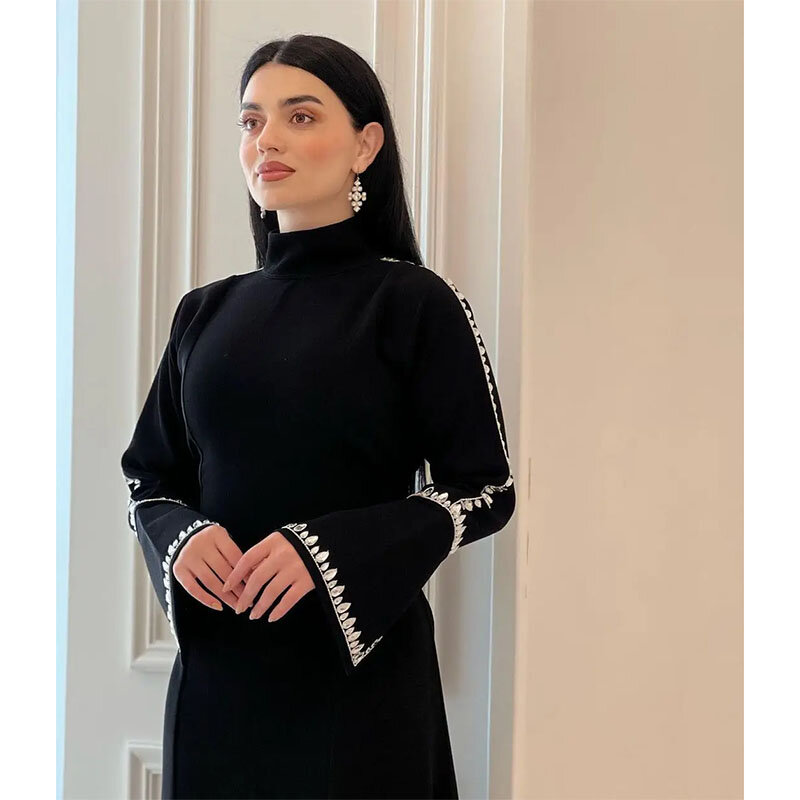 Saudi Arabia Elegant 2024 Women Wear Evening Dresses High Neck Long Sleeve Crystal Front Slit Black Prom Formal Gowns