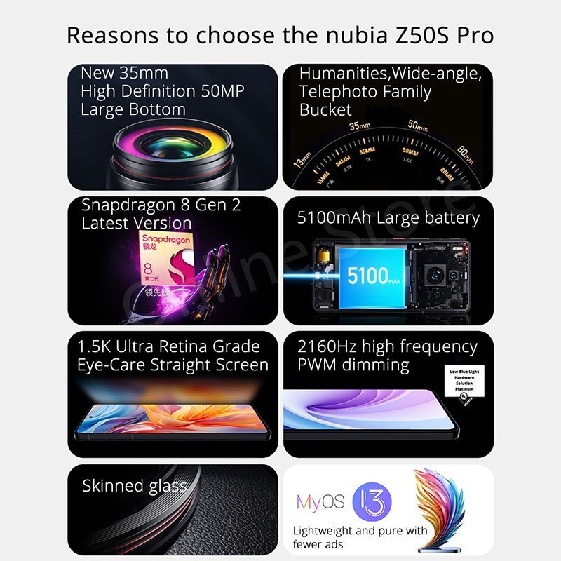 Global Version Nubia Z50s Pro 50MP Dual Cameras 6.78''120Hz AMOLED Snapdragon 8 Gen 2 Octa Core 80W Fast Charging
