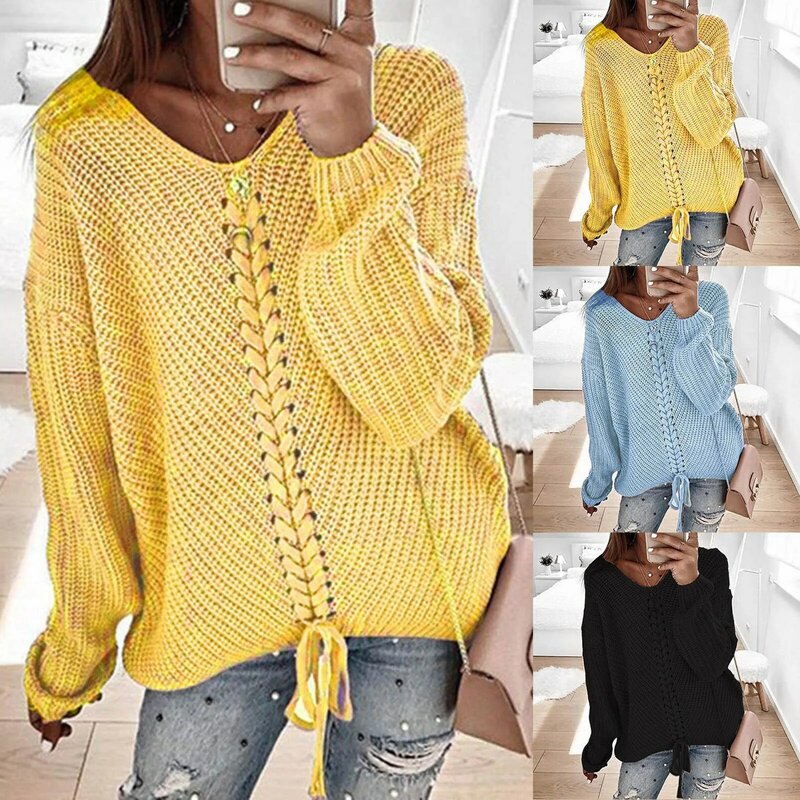 Elegant Warm Jumpers Sweaters Pullovers Tops Sweaters Autumn Winter Women Oversize Lace Up V-Neck Knit Loose Tops Pullover