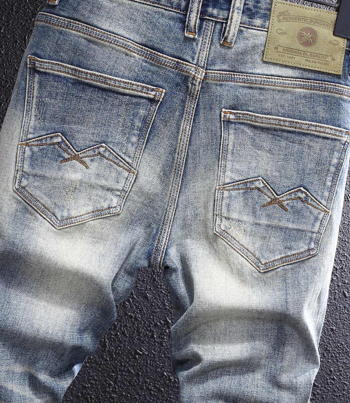 Włoski styl modne dżinsy męskie wysokiej jakości niebieskie w stylu Retro elastyczny Slim Fit porwane jeansy męskie spodnie Vintage designerskie spodnie dżinsowe