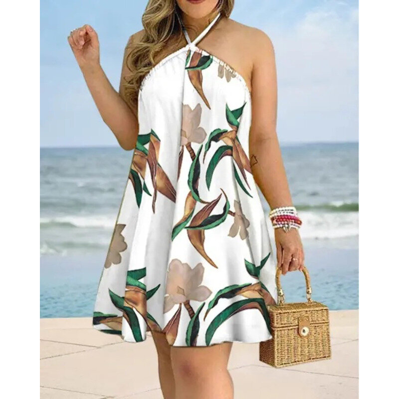 Vestido de verano con estampado Tropical para mujer, ropa con cuello Halter, estilo de vacaciones, Espalda descubierta, primavera y verano