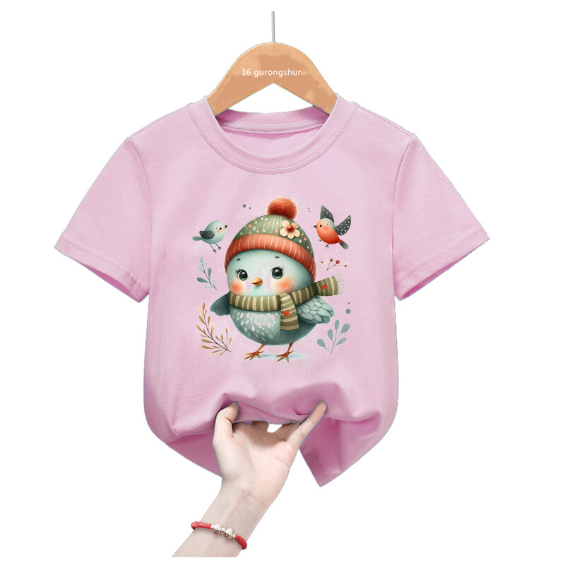 Cool Bird Print Pink T Shirt Girls Harajuku Kawaii Kids Clothes Funny Casual T-Shirt Summer Tops Short Sleeve Tshirt Streetwear