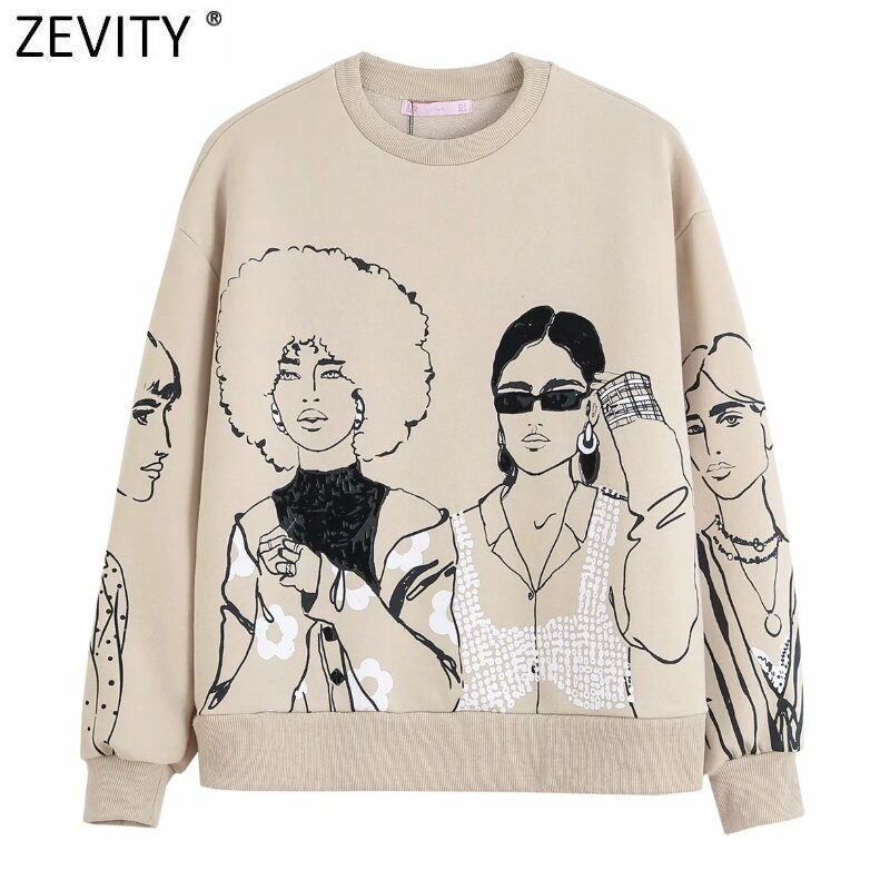 Zevity novo 2021 moda feminina beleza meninas imprimir camisolas casuais feminino básico o pescoço de malha hoodies chiques pullovers topos h510