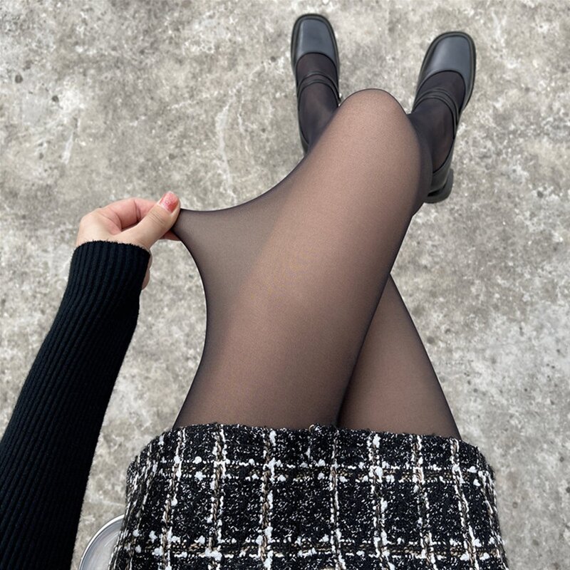 여성용 발 밟는 가짜 반투명 레깅스, 섹시한 하이 웨이스트 피부 컬러, 겨울 플리스 레깅스, 신축성 있고 두꺼운 따뜻한 팬티 스타킹