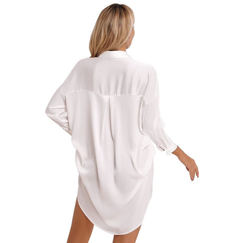 Camisola de cetim manga comprida feminina, camisa de noite, pijamas, Homewear, botão Sleepshirt, camisola, conjunto fio-dental