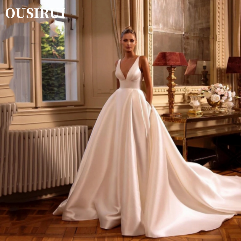 OUSIRUI V Neck With Pockets Bridal Dress Backless Sexy Satin Wedding Gowns A Line Elegant Simple Women Wedding Dresses