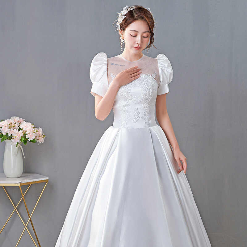 Satin Women Wedding Dresses Classic O-neck Floor-length Bridal Dress With Princess Puffy Sleeve Elegant Simple Abiti Da Sposa