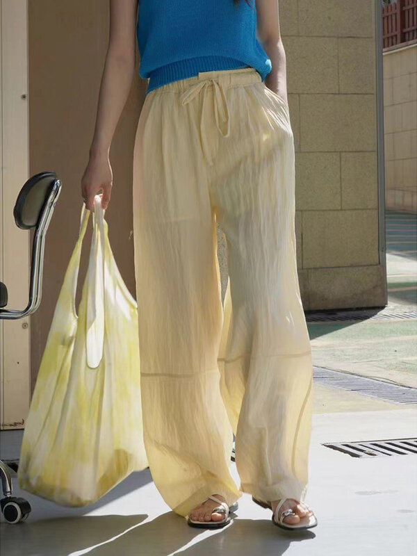 [LANMREM] celana panjang tabir surya disambung untuk wanita celana panjang kaki lebar lurus pinggang tinggi pakaian mode 2024 musim panas baru 26D8943