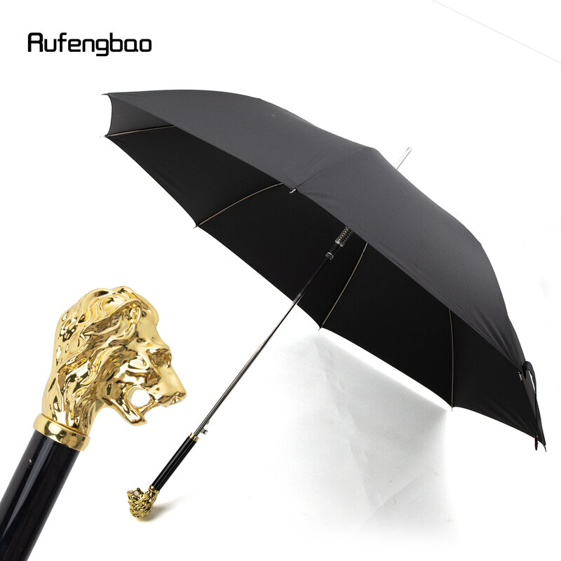 Payung tahan angin otomatis hewan singa emas, payung yang diperbesar pegangan panjang untuk hari cerah dan hujan tongkat berjalan