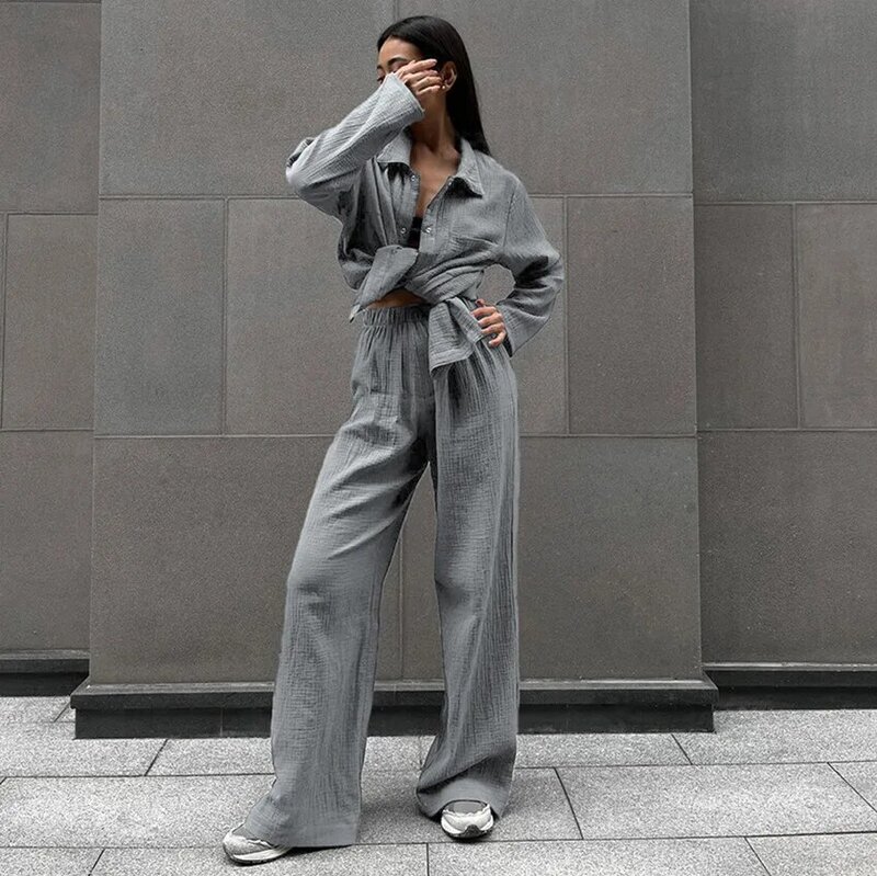 Пижамный комплект женский с высокой талией, свободная одежда для сна с длинным рукавом, карманами и отложным воротником, домашняя одежда серого цвета