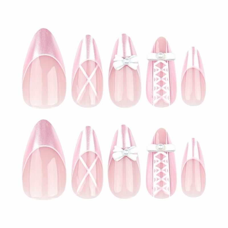 24pcs Almond False Nails French Bow Pearl Flower Glitter  Fake Nails Gradient Press on Nails DIY Manicure Detachable Nail Tips