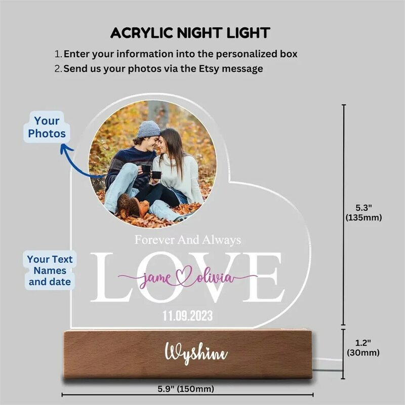 Персонализированная музыкальная лампа, фотография на заказ, акриловая лампа в форме сердца, романтический подарок на день Святого Валентина, 3d-печать