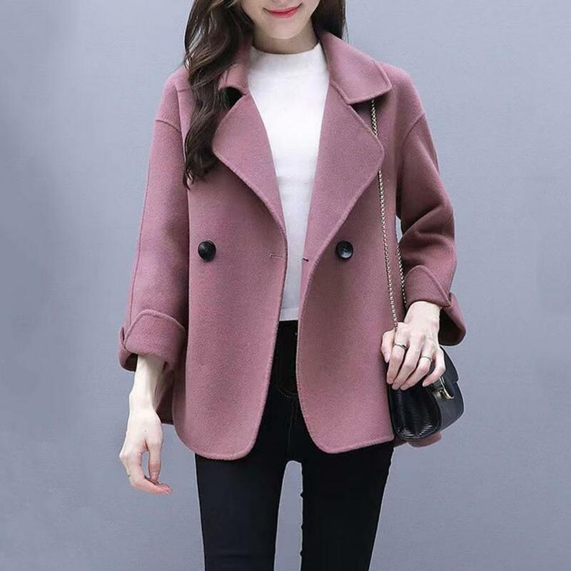 Warm Women Coat Stylish Women's Mid-length Woolen Coat Loose Fit Turn-down Collar Double Buttons Ideal for Fall/winter Fashion