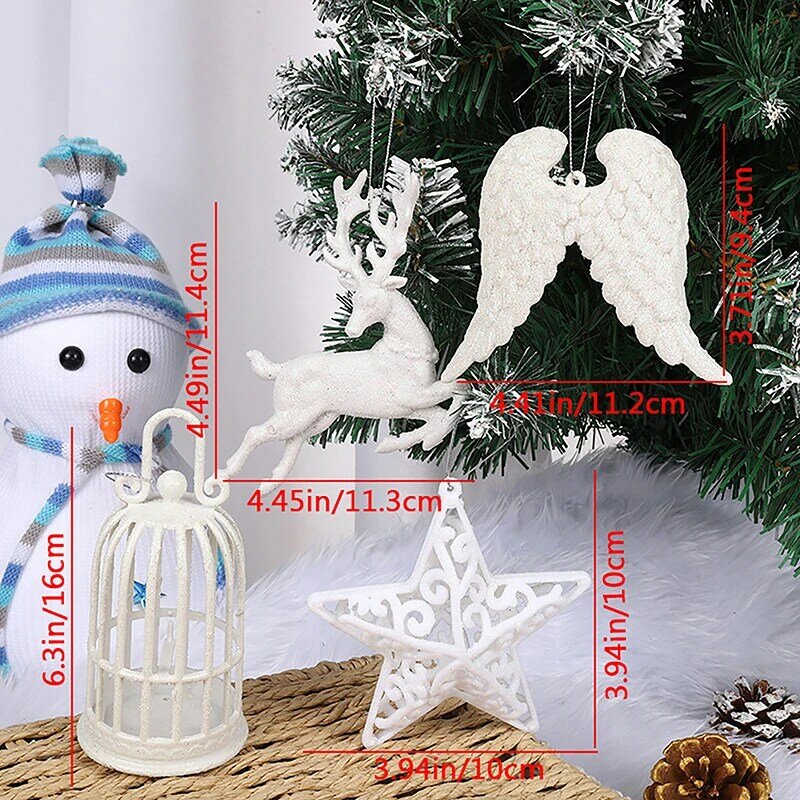 White Cartoon Birdcage para decoração de casa, pingente de árvore de natal, pentagrama alce asas, feliz natal ornamentos presentes, 1pc