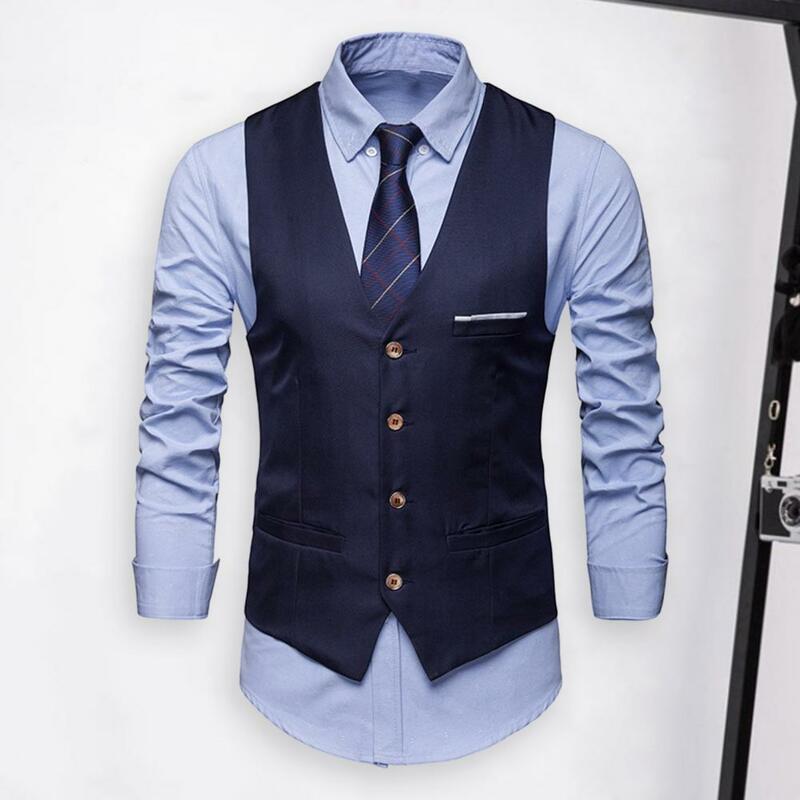 Men Suit Vest Men's Formal Business Waistcoat Sleeveless Slim Fit V Neck Vest with Anti-wrinkle Silky Fabric Single-breasted