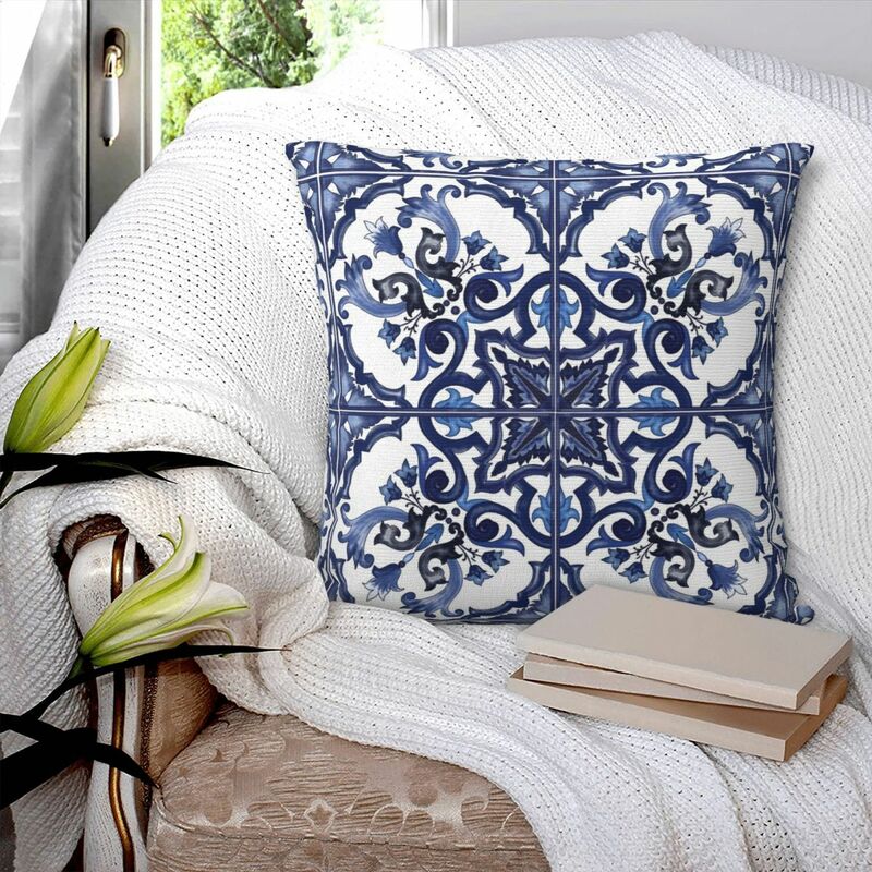غطاء وسادة زهري أزرق مزين ، وسادة مربعة من البلاط المتوسطي ، وسادة رمي مريحة للمنزل ، غرفة نوم