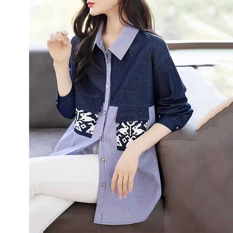 2024 Spring Summer Casual Denim Patchwork Shirt Women Korean Long Sleeve Loose New Versatile Coat Lady Fashion Stripe Blouse