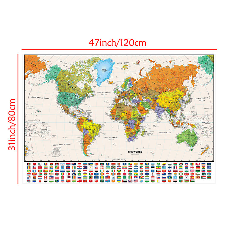 Carte du monde en vinyle avec drapeaux de pays, carte du globe, affiche atlas personnalisée, fournitures scolaires, décoration de la maison, 120x80cm