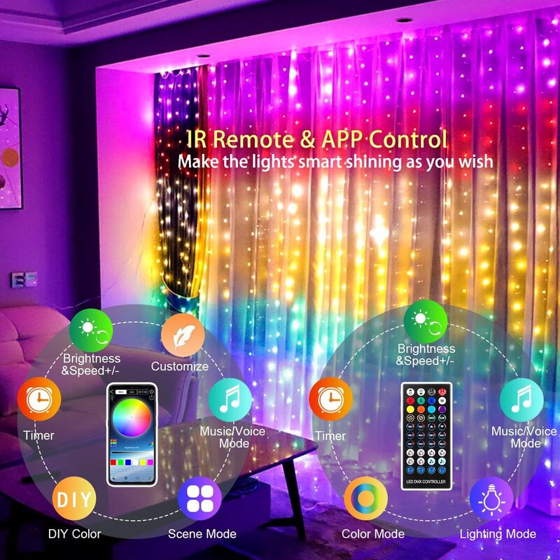 Tirai LED Bluetooth RGB cerdas, lampu dekorasi Natal kamar tidur, lampu peri tahan air Festoon USB 5V, lampu karangan bunga, lampu LED senar Bluetooth Cerdas