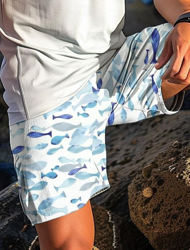 Pantalones cortos con estampado de escuela de peces para hombre, bañadores de playa con estampado 3D, cordón elástico, Estilo Hawaiano