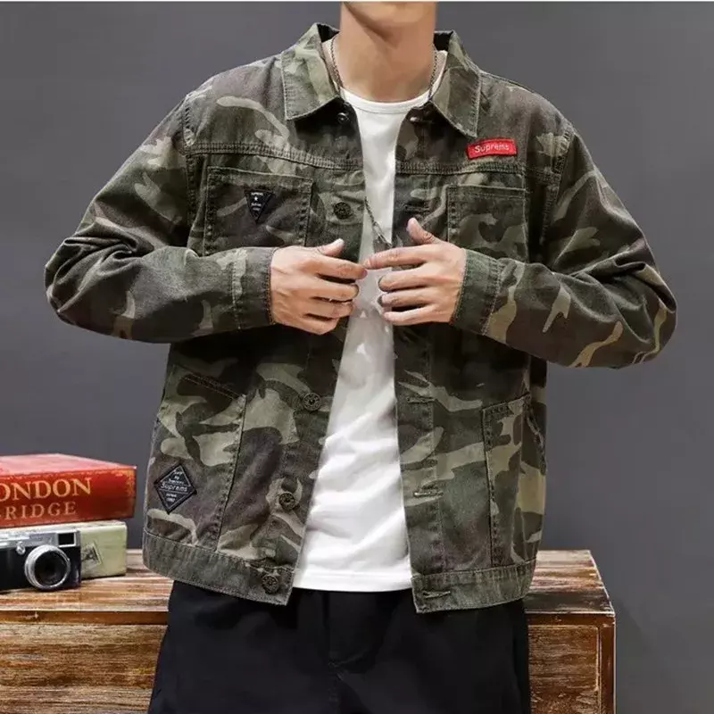 Camuflagem masculina denim jaquetas nova casual militar confortável multi-bolso jean casacos masculino do exército fino piloto combate jaqueta de carga