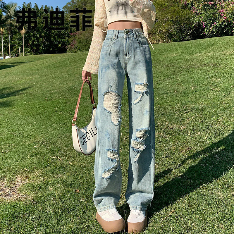 Calça jeans perfurado de cintura alta feminina, edição coreana, novo design de moda, calças largas versáteis para primavera e outono, edição coreana