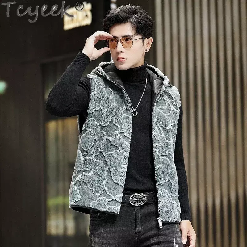 Tcyek 2023 남성용 양 전단 모피 재킷, 패션 울 조끼, 루즈핏 따뜻한 겨울 진짜 모피 조끼, 짧은 스타일
