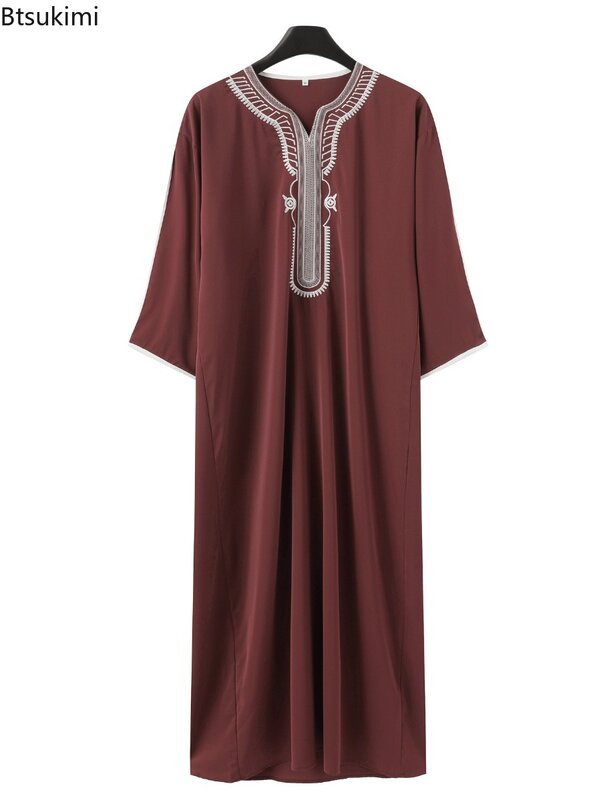Baru 2024 mode Muslim Abaya untuk pria bordir tambal sulam jubah panjang Arab Saudi Kaftan pria Jubba Thobe Islam Maroko Abaya