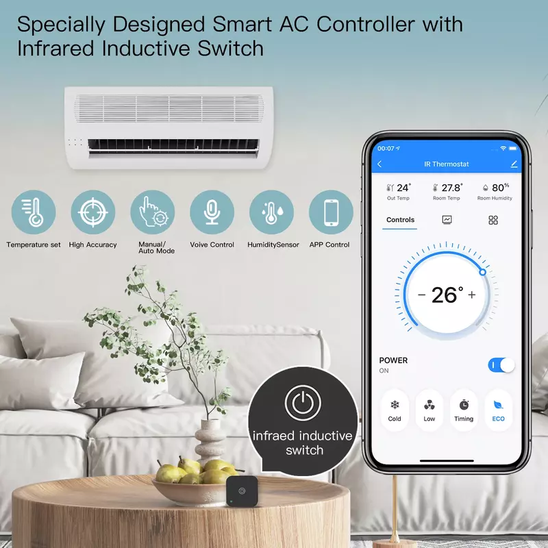 MOES Tuya WiFi IR Thermostat AC Controller Remote Control Temperature and Humidity Sensor Smart Life Voice Control Alexa Google