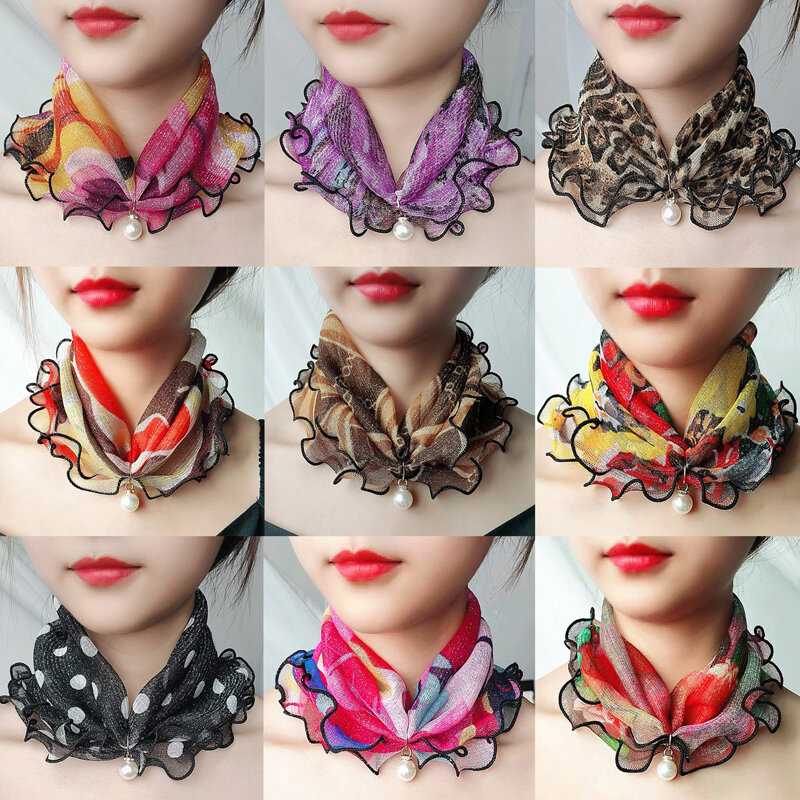 New Lace Pearls Scarf Wood Ears Gold Thread Variety Lady Neck Chiffon Scarves Soft Spring Summer Mother's Day Gifts