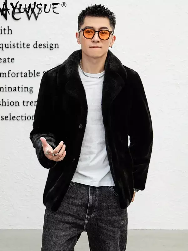 AYUNSUE Natural Mink Fur Jacket for Men Winter Solid Color Top Quality Mink Real Fur Coat Fashion Suit Collar Abrigo Hombre