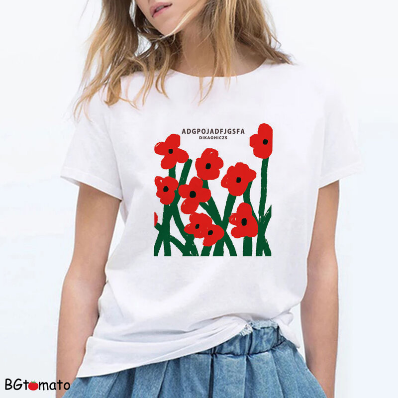Camiseta de flores rojas brillantes, top de flores de alta gama para mujer, camiseta fresca de verano y manga corta A072