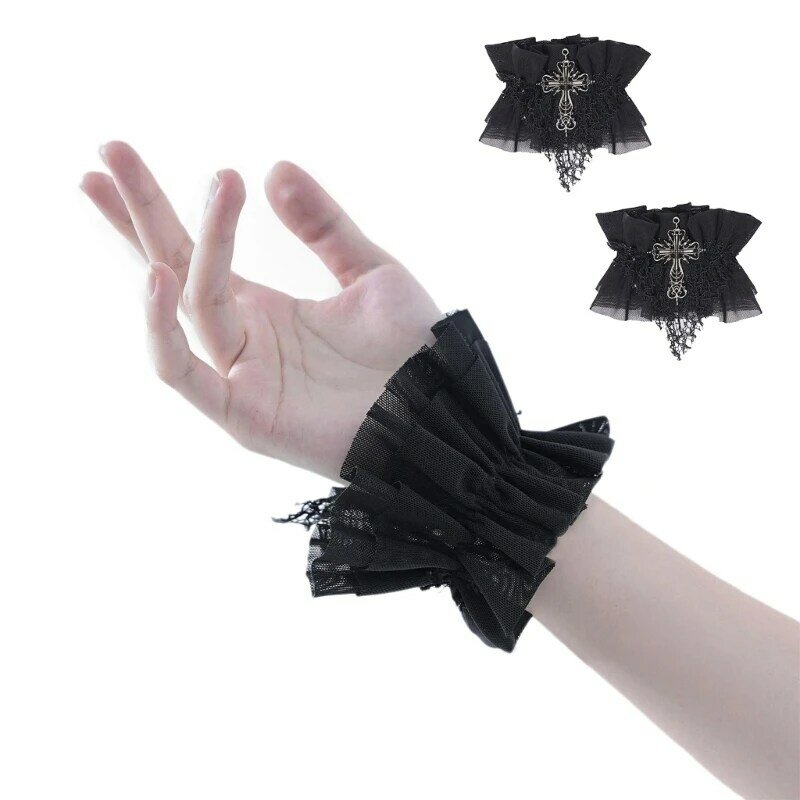 Girls Floral Layered Lace Cuff Stretch False Sleeves Wrist Cuffs Vintage Sheer Floral Lace Wrist Gloves Lady DXAA