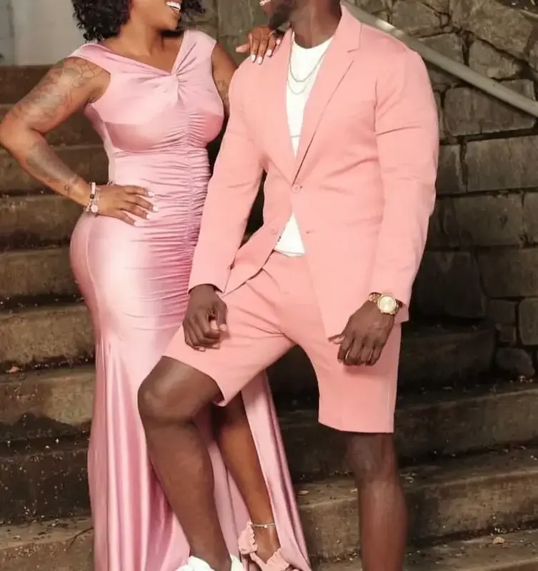2024 Fashion Pink Summer Men Suits Wedding Groom Tuxedo Slim Fit Jacket Short High Quality Custom 2 Piece Set Pant Costume Homme