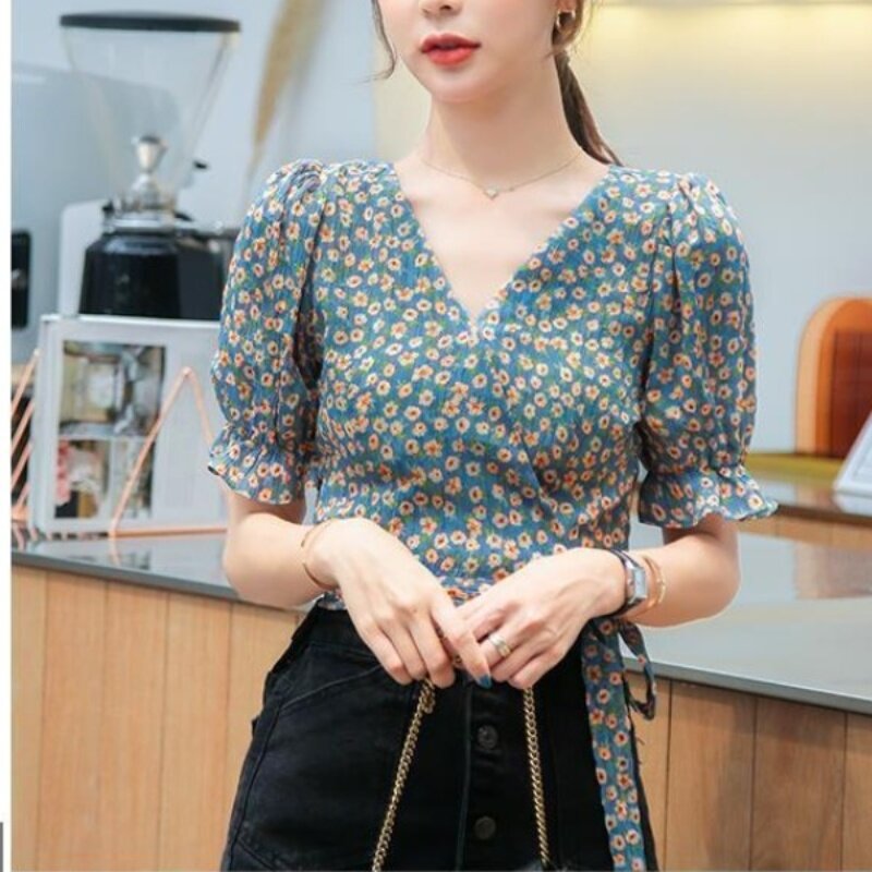 Summer New Sweet Chic Chiffon Blouses Short Printed Bubble Sleeve Drawstring Spliced Ruched V-neck Women's Clothing Shirts Tops