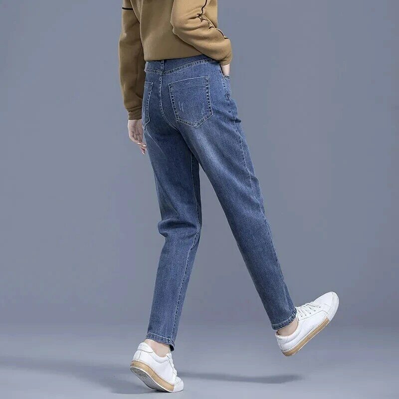 High waisted Elastic Harlan Jeans women's 2024 Spring/Summer Loose Casual Vintage Denim Trousers Nine point Long Pants Female