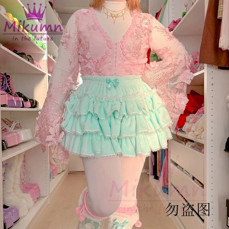Harajuku Y2k หวานสีชมพูสีขาวกางเกงฟักทอง Lolita ฤดูใบไม้ร่วงฤดูหนาว JK Plush กางเกงขาสั้นญี่ปุ่น Kawaii Ruffles กางเกงขาสั้นโคมไฟ