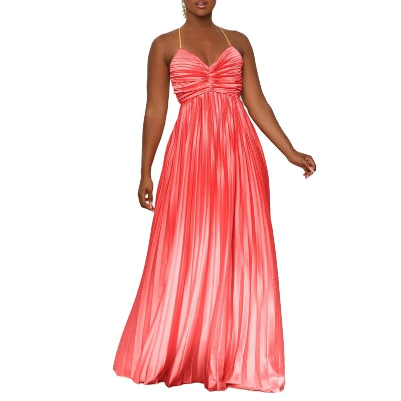 Пикантное женское вечернее коктейльное платье с открытой спиной на бретельках-спагетти, плиссированное шикарное платье в пол большого размера, новинка на лето