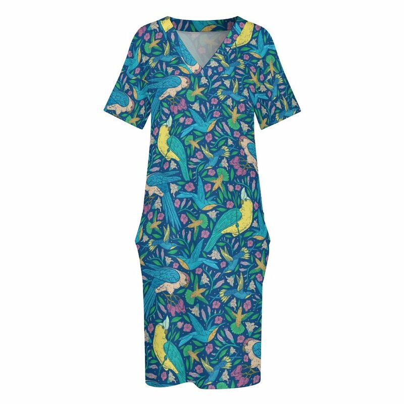 Gaun bunga burung tropis gaun trendi motif bunga leher V pakaian jalanan wanita gaun kasual bermotif dengan saku ukuran besar