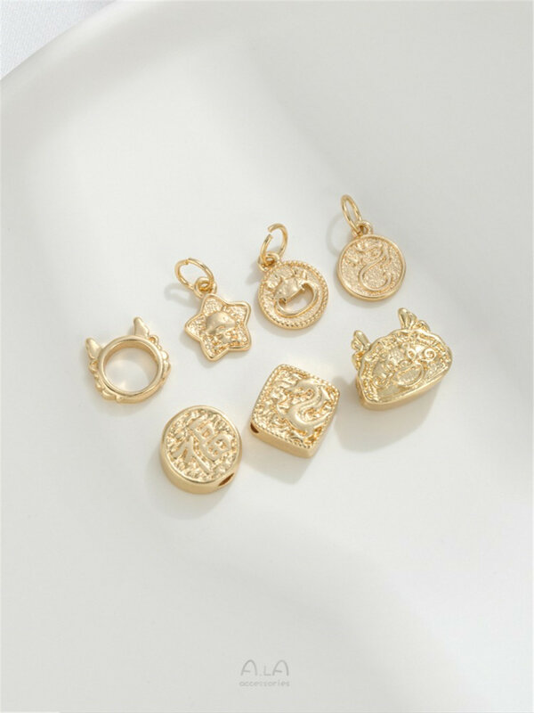 14K Gold-filled Zodiac Year of The Dragon Bead Dragon Head Set Bead Ring Dragon Pendant Handmade braccialetto fai da te accessori per gioielli