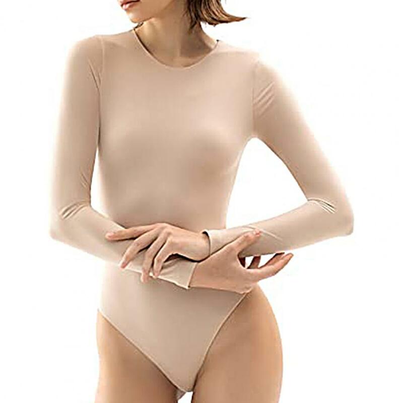 Bodysuit feminino manga comprida com decote em O, macacão magro, outono e inverno