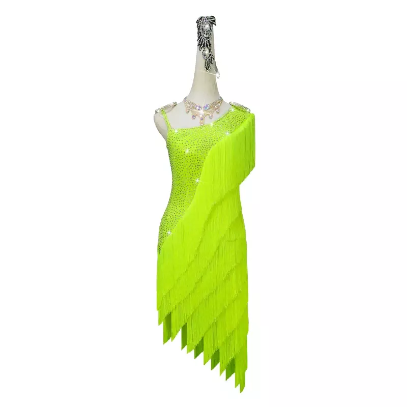 Latin Dance Dress Latin Skirt Competition Dress Costumes Performing Practice Skirt Customize Adult Kids Lady Fluorescent Yellow