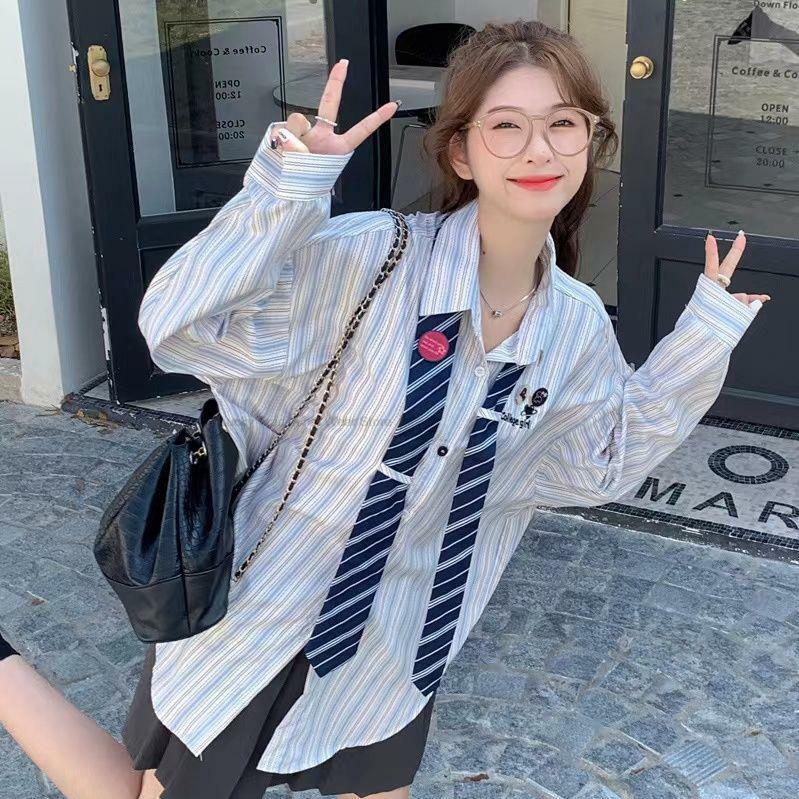 Vintage Tie Striped Shirt women's Long Sleeve Blouse Ins Style Blouse College Style Korean Japan Jk Uniform Blouse Daily Wear
