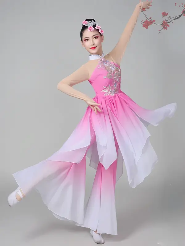 زي رقص مربع صيني عائم للنساء ، ملابس مروحة يانغجي ، مسرح عرقي ، زي الأداء الكلاسيكي